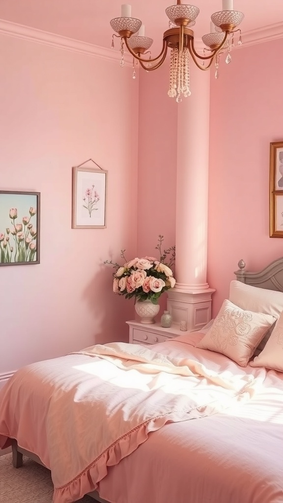 A cozy pink bedroom featuring blush walls, a chandelier, floral arrangements, and soft bedding.