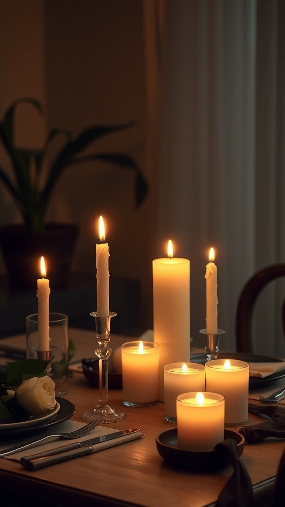 A romantic candle arrangement on a table with various candles and a rose.