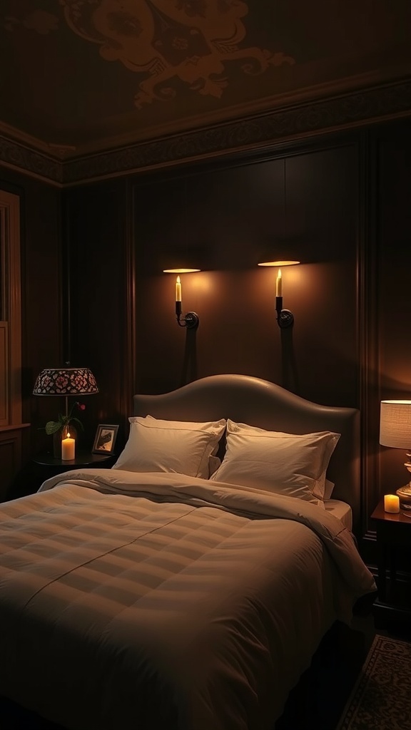 A cozy bedroom with chocolate brown walls, soft white bedding, and warm candlelight.