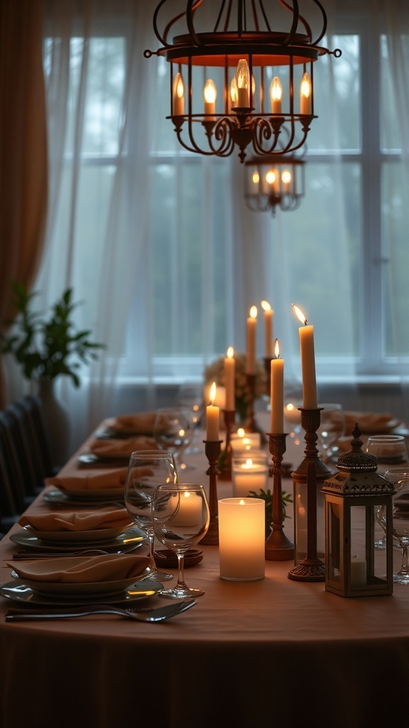 A dining table set with candles and lanterns, creating a romantic atmosphere.