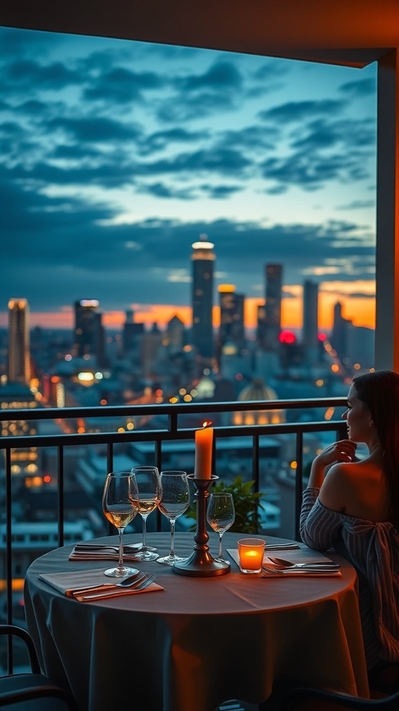 A romantic dinner setup on a balcony with city views, featuring a table with candles and wine glasses.