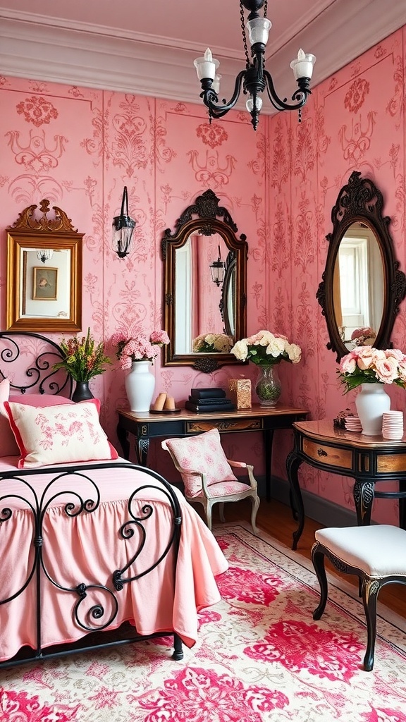 A romantic French-inspired bedroom featuring pink walls, black wrought-iron furniture, and vintage decor.