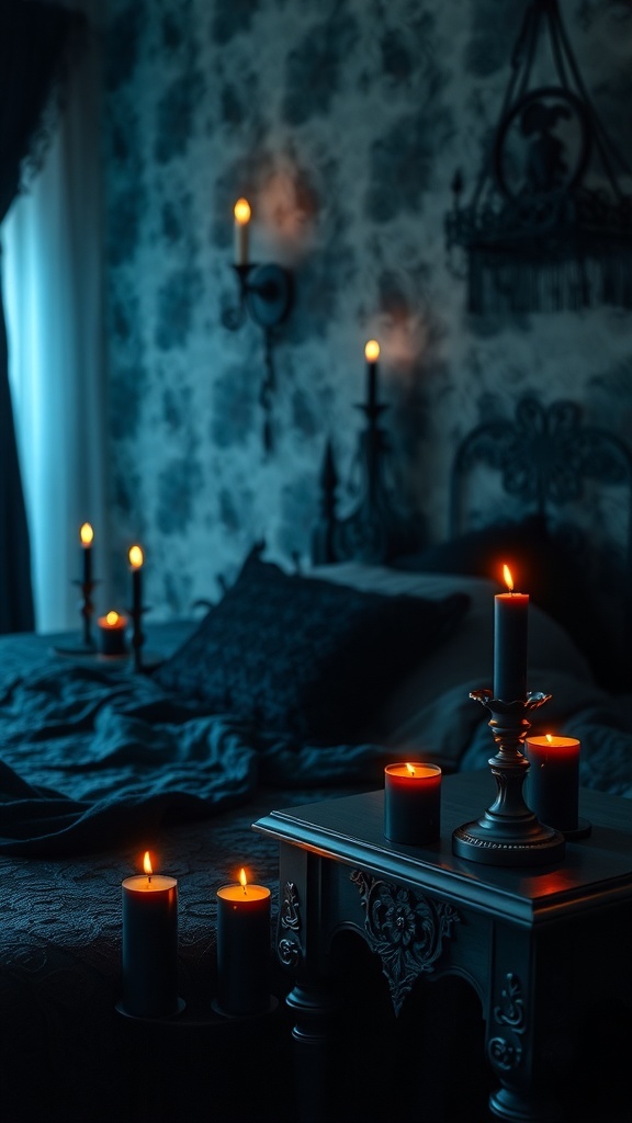 A gothic bedroom with black candles on a bedside table, creating a moody atmosphere.