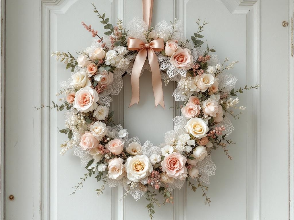 A romantic wreath made of pastel roses, lace, and a satin ribbon bow, hanging on a door.