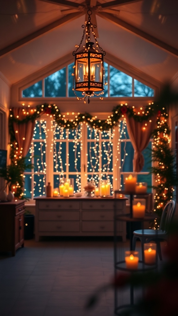 A cozy room decorated with warm lighting, including a lantern and fairy lights, creating a romantic atmosphere.