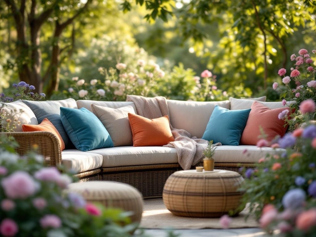 Cozy outdoor lounge area with colorful cushions and flowers