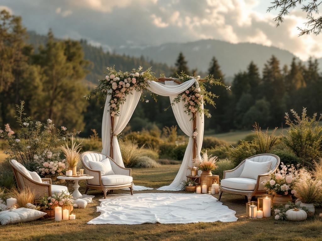 A romantic outdoor wedding setup featuring a floral arch, elegant seating, and soft lighting.