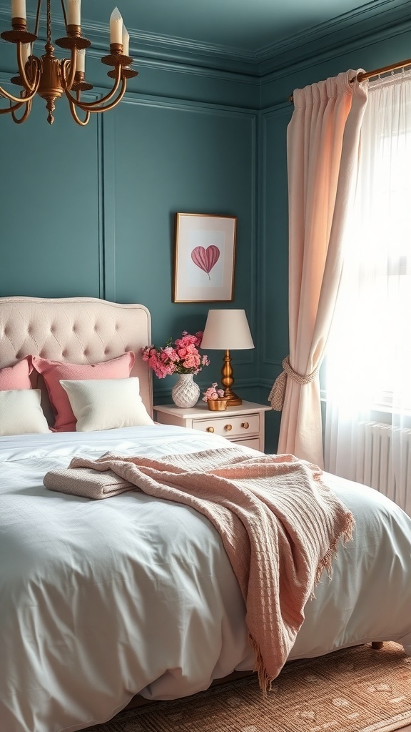 A cozy bedroom featuring dark teal walls and blush accents, with a velvet headboard, soft pillows, and natural light.