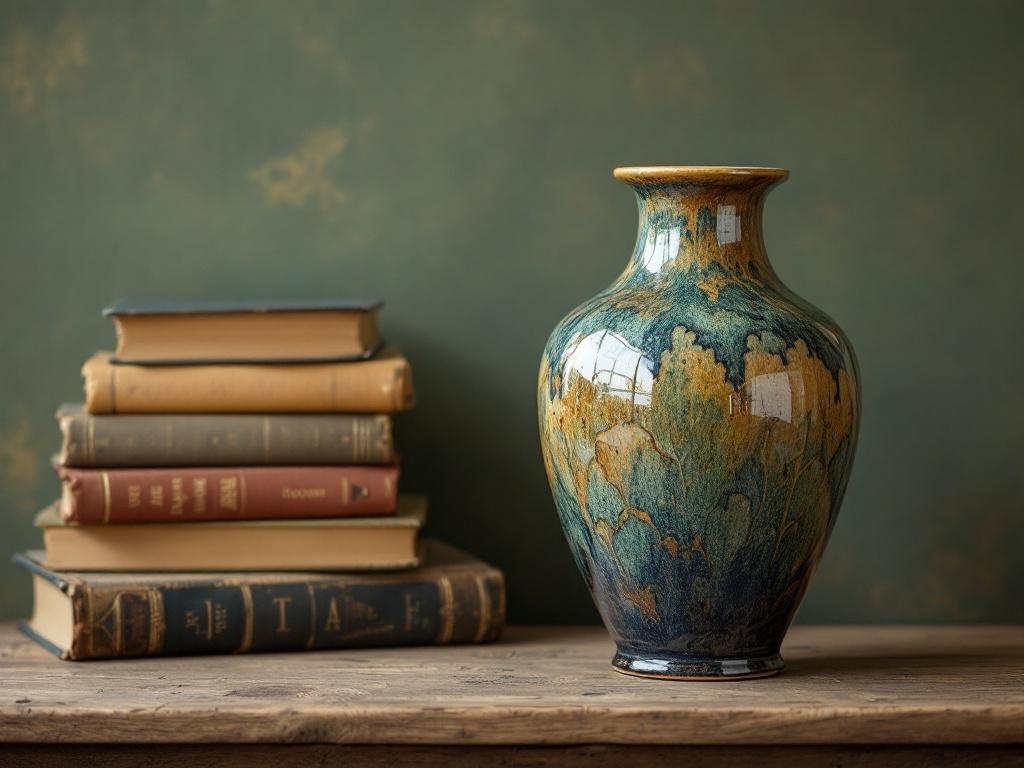 A Rookwood Pottery vase with intricate blue and earthy designs, placed next to a stack of vintage books.