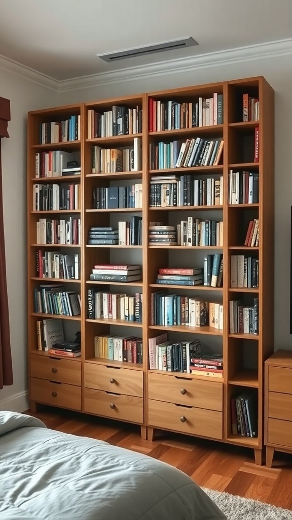 A tall wooden bookcase filled with books, serving as a room divider in a shared bedroom.