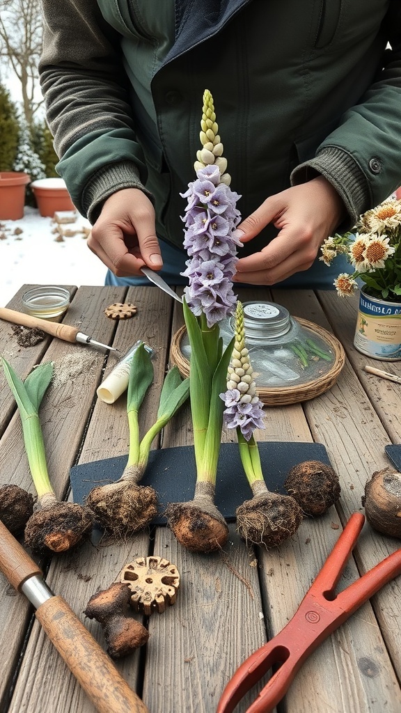 A gardener preparing delphinium root cuttings on a wooden table, surrounded by gardening tools.