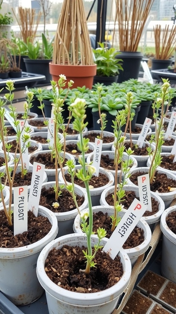 Young Phlox paniculata cuttings in pots, labeled for identification, ready for rooting.