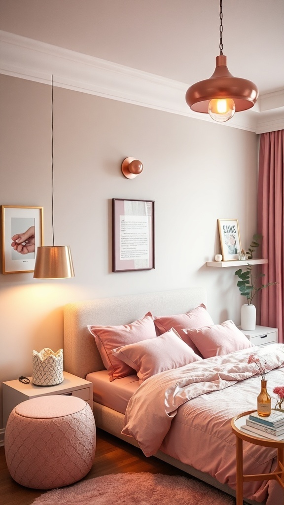 A chic pink bedroom featuring rose gold fixtures and accessories, with a cozy bed and modern decor.