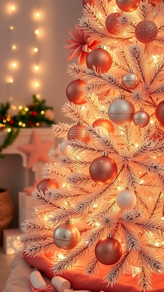 A beautifully decorated pink Christmas tree with rose gold ornaments and warm lights.