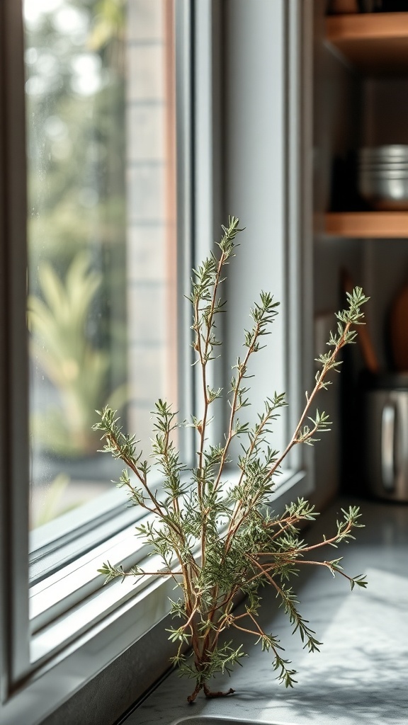 A rosemary plant placed near a window, showcasing its green leaves and branches.