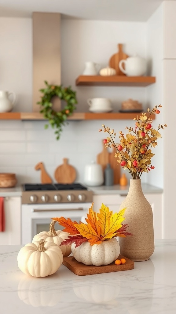 A stylish kitchen counter decorated with white pumpkins, colorful leaves, and a vase of dried flowers.