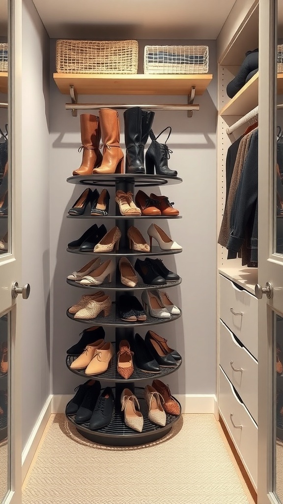A rotating shoe carousel displaying various pairs of shoes in a closet.