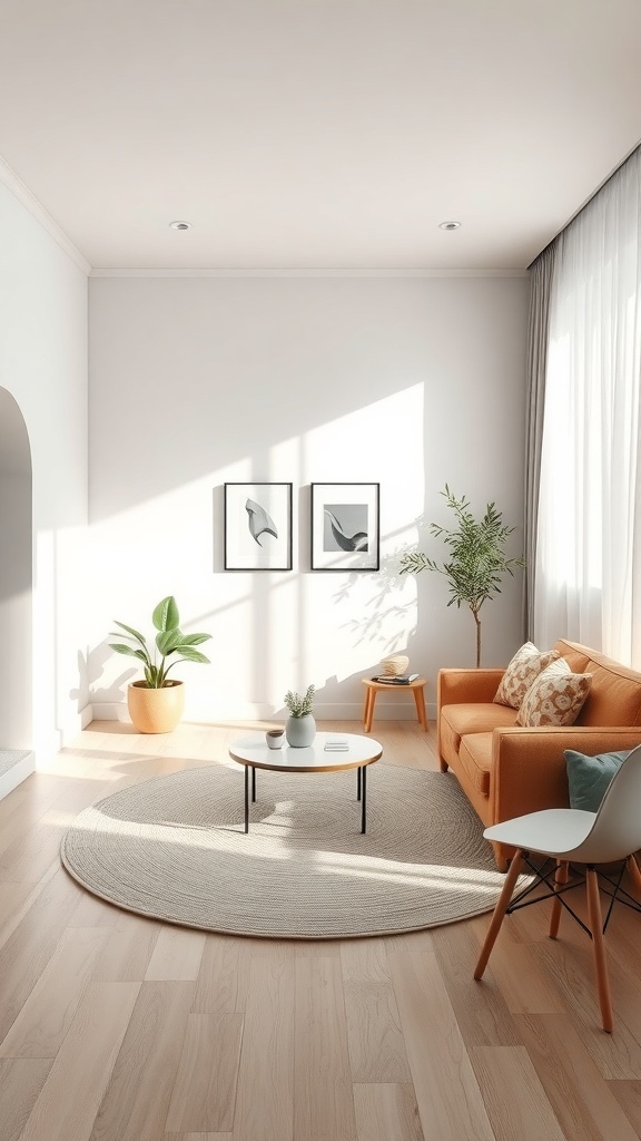 A cozy living room featuring an orange sofa, a round rug, and minimalist decor.