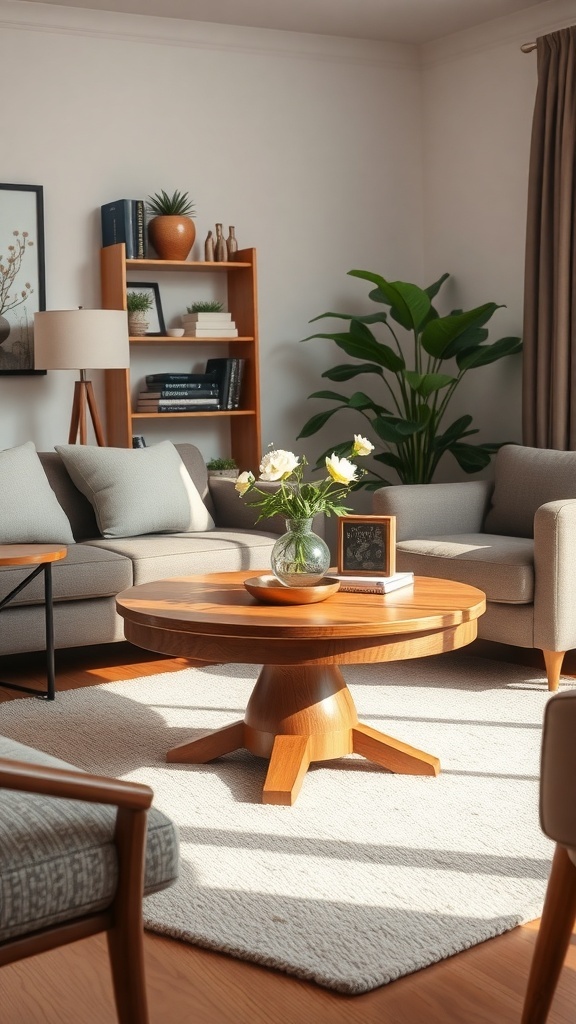 A round walnut pedestal coffee table in a cozy living room setting with plants and soft furnishings.