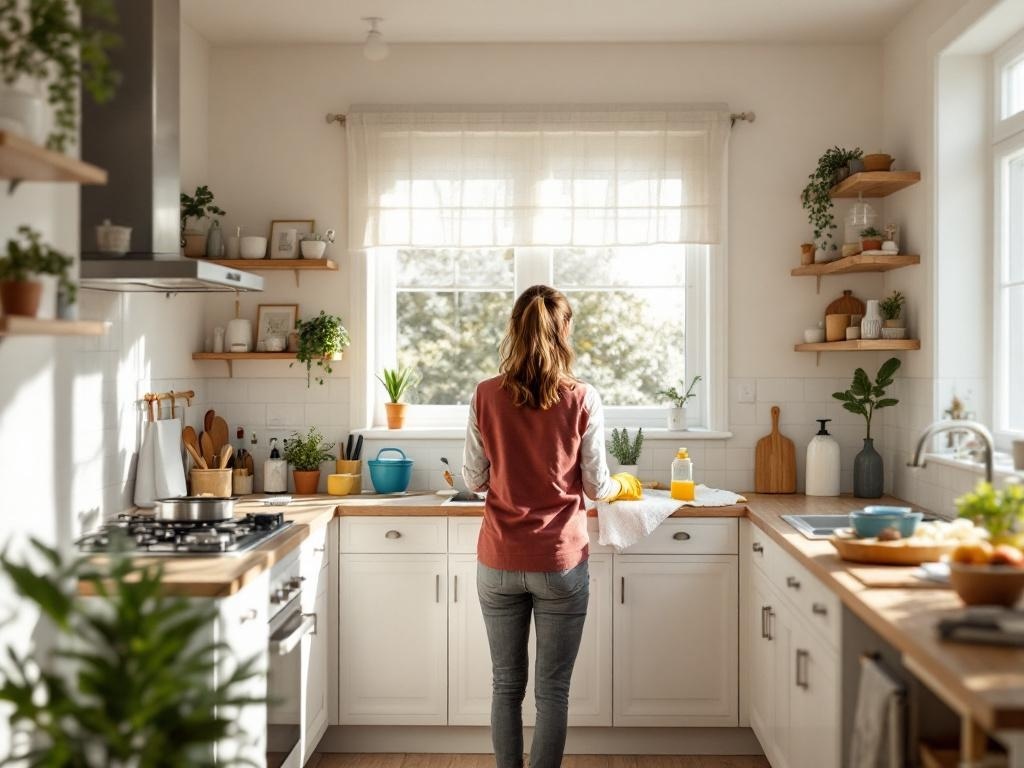 A woman in a cozy kitchen, engaged in routine cleaning and maintenance, surrounded by plants and organized shelves.