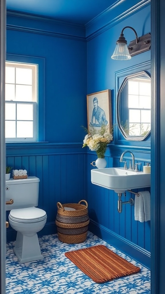 A bathroom featuring bold royal blue walls, white fixtures, and natural decor elements.