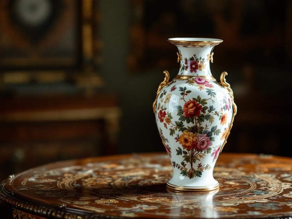 A Royal Worcester porcelain vase with floral designs and gold accents on a wooden table.