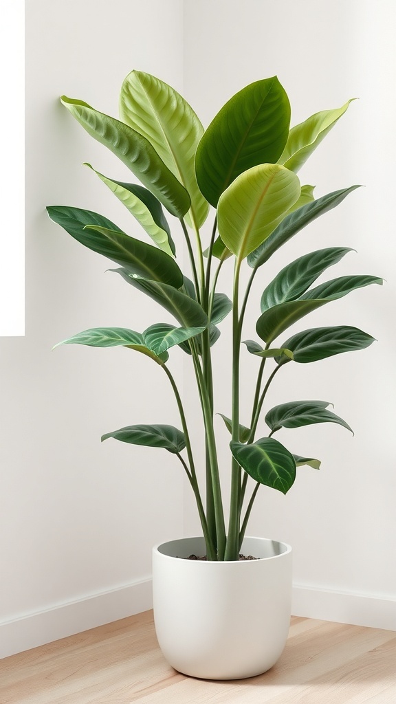 A healthy Rubber Plant with glossy leaves in a modern white pot.