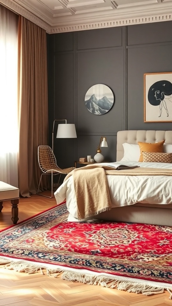 A stylish bedroom featuring a vibrant red rug with intricate patterns, set against dark walls and neutral bedding.