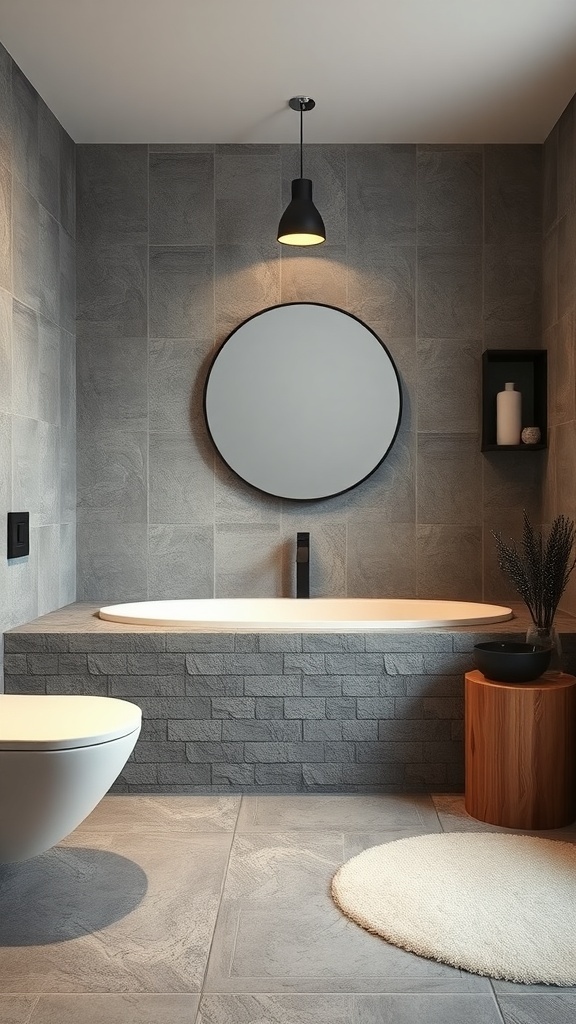 A modern bathroom featuring stone and slate tiles, a sleek bathtub, and minimalist decor.