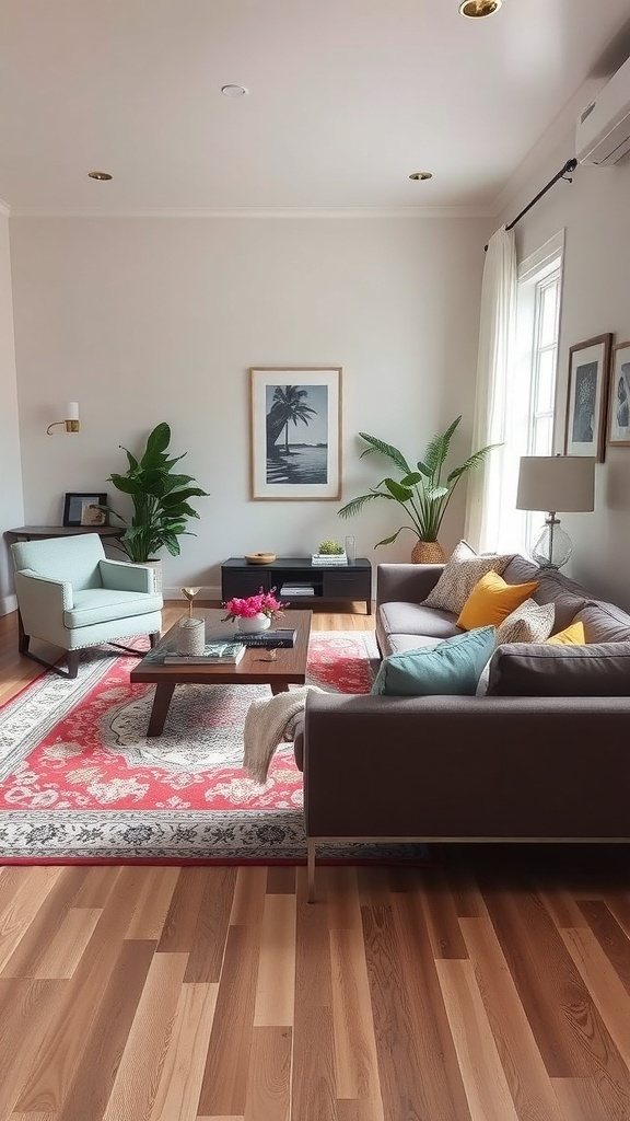 A cozy living room with a rug extending under the sofas and chairs, creating a warm and inviting atmosphere.