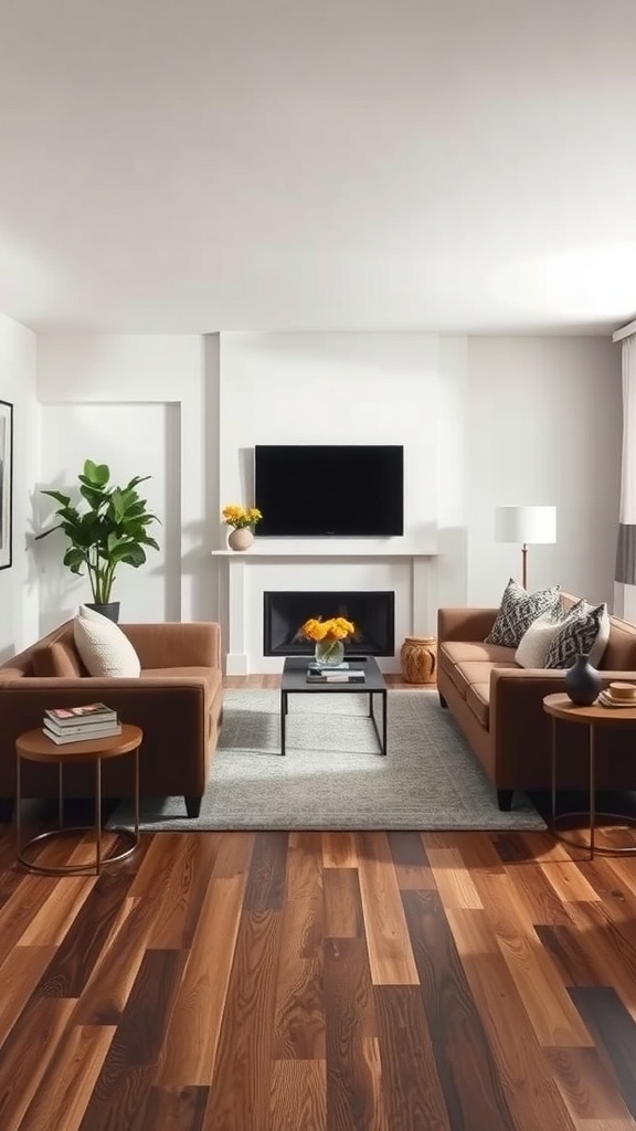 A cozy living room featuring a soft gray rug, warm wood floors, and earthy-toned furniture.