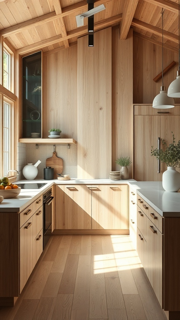 A rustic-modern kitchen featuring white oak cabinets, a wooden ceiling, and natural light.