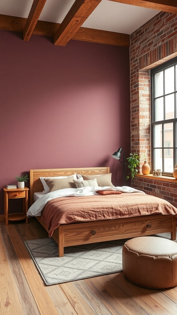 A rustic-modern bedroom featuring a mauve accent wall, wooden beams, and natural wood furniture.