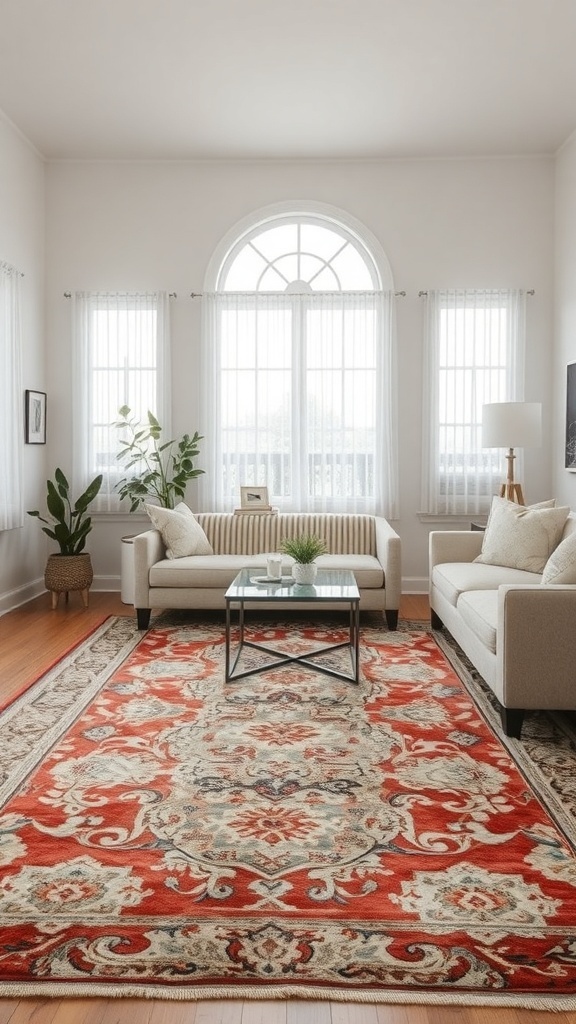 A cozy living room featuring a rustic area rug with floral patterns.