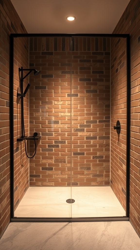 A modern shower featuring rustic brick walls and a glass enclosure