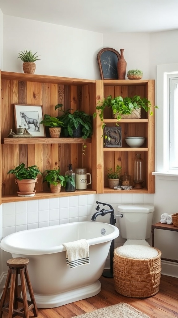 A cozy bathroom with rustic built-in wooden shelves displaying plants and decorative items.
