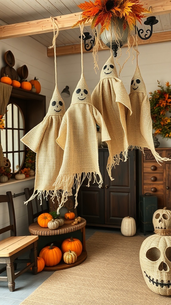 Four rustic burlap ghosts hanging in a cozy room decorated with pumpkins and autumn foliage.