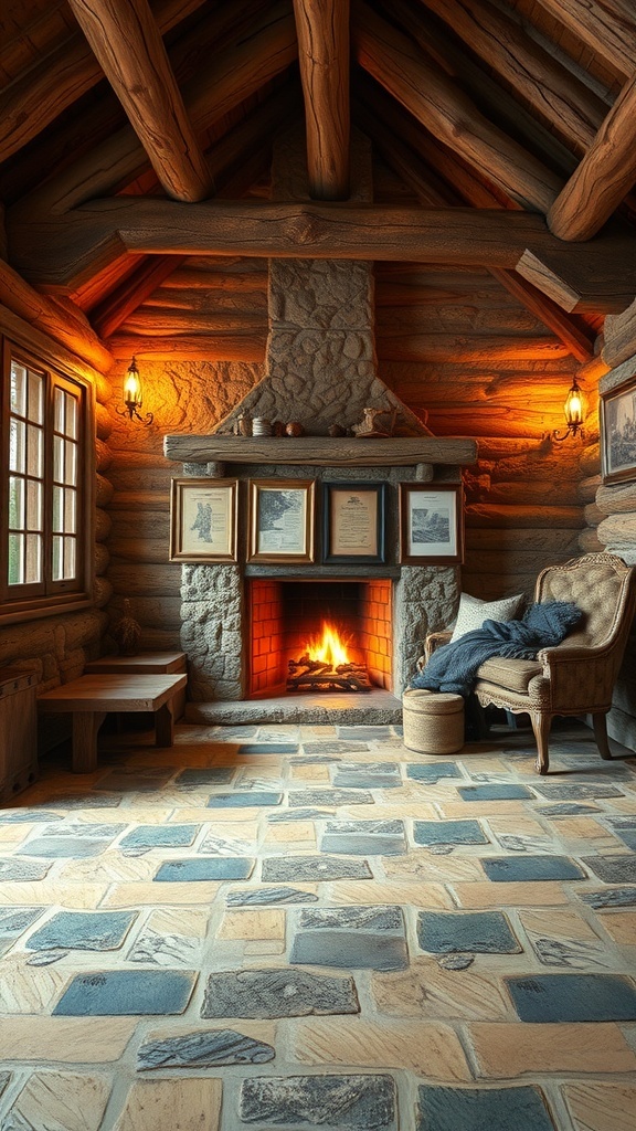 Cozy rustic cabin interior with stone fireplace and wooden beams