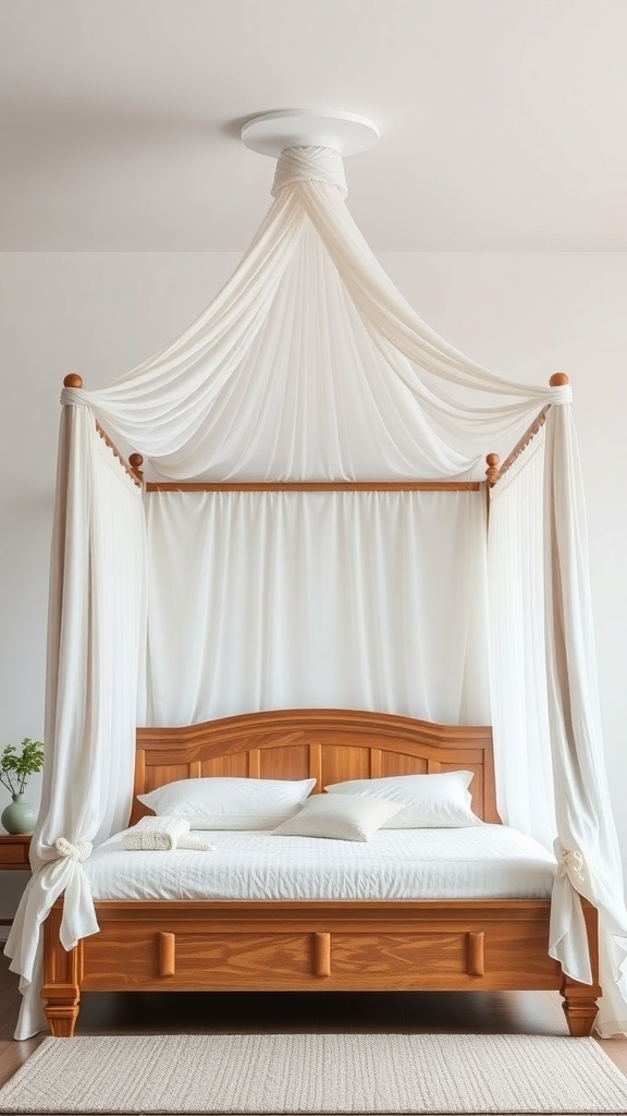 A rustic canopy bed with wooden frame and white drapes