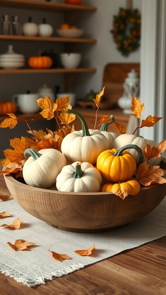 A rustic centerpiece arrangement featuring white and orange pumpkins in a wooden bowl with autumn leaves scattered around.
