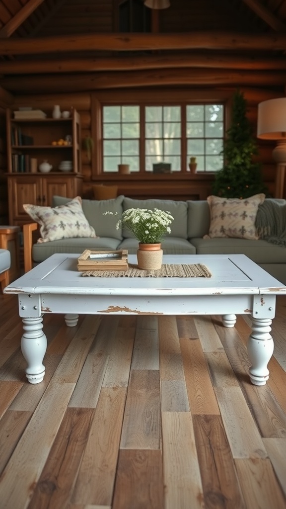 A rustic white coffee table with a distressed finish, surrounded by a cozy cabin interior.