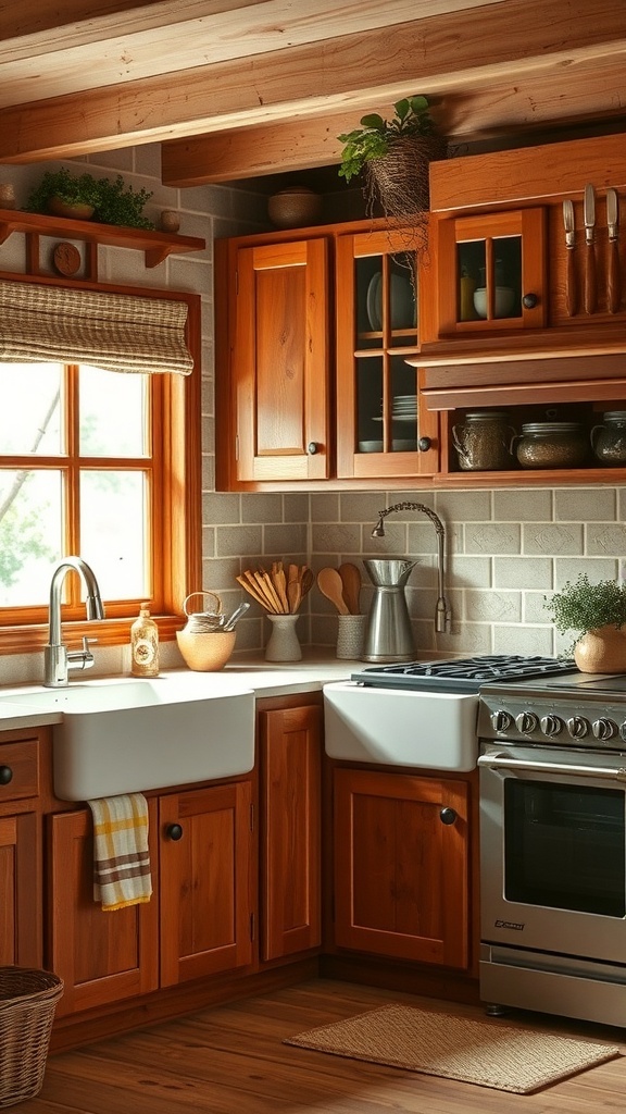 A rustic kitchen featuring cherry wood cabinets, a farmhouse sink, and natural light.