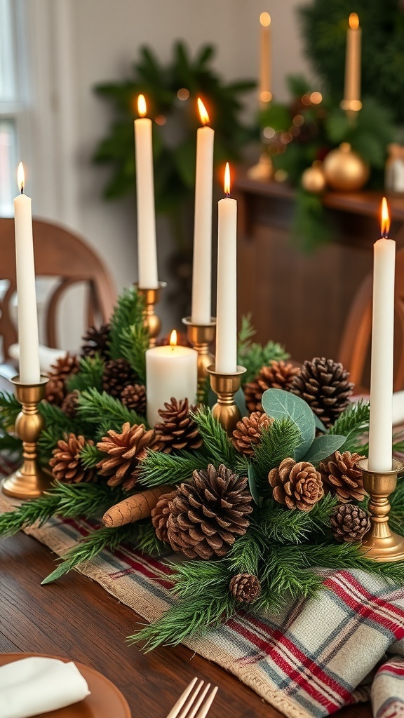 A rustic chic centerpiece featuring pinecones, greenery, and candles on a festive table.