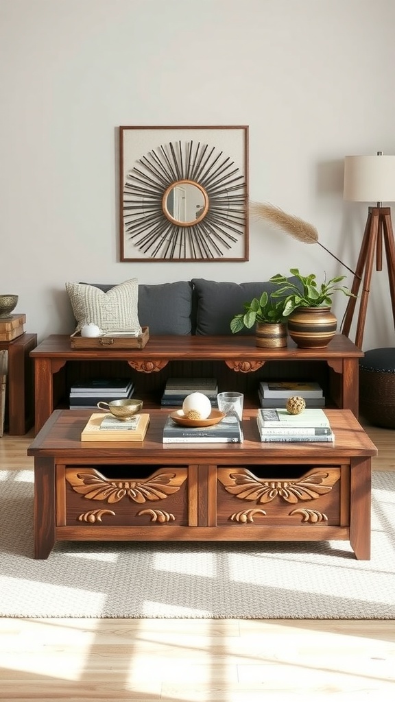 A rustic coffee table with storage, surrounded by a cozy living room setup featuring a couch, lamp, and plants.