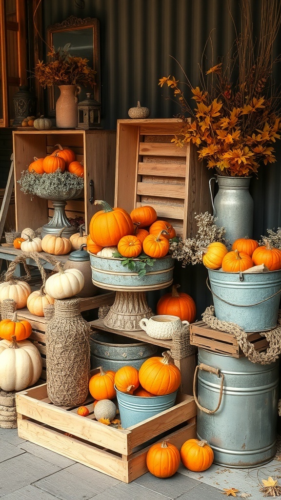 A rustic farmhouse display with pumpkins, gourds, and wooden crates, creating a cozy autumn atmosphere.