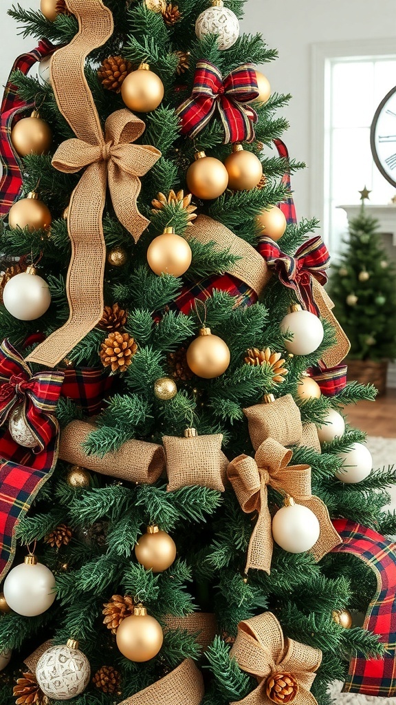 A beautifully decorated Christmas tree featuring burlap and plaid ribbons, gold ornaments, pinecones, and a cozy rustic farmhouse style.