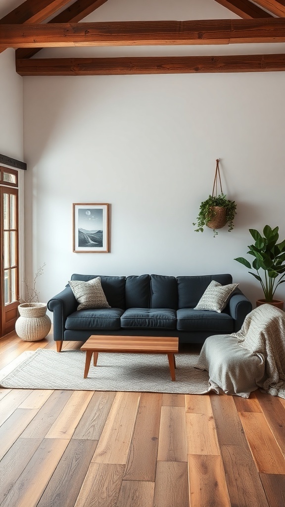 A modern living room featuring a black sofa, wooden beams, and natural decor.