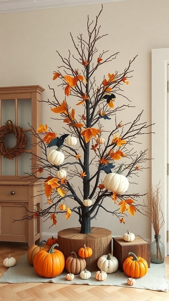 A rustic farmhouse Halloween tree with black branches, orange leaves, and pumpkins.