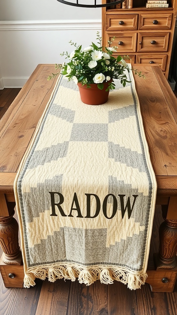 Rustic Farmhouse Quilt Runner on a wooden table with a flower pot