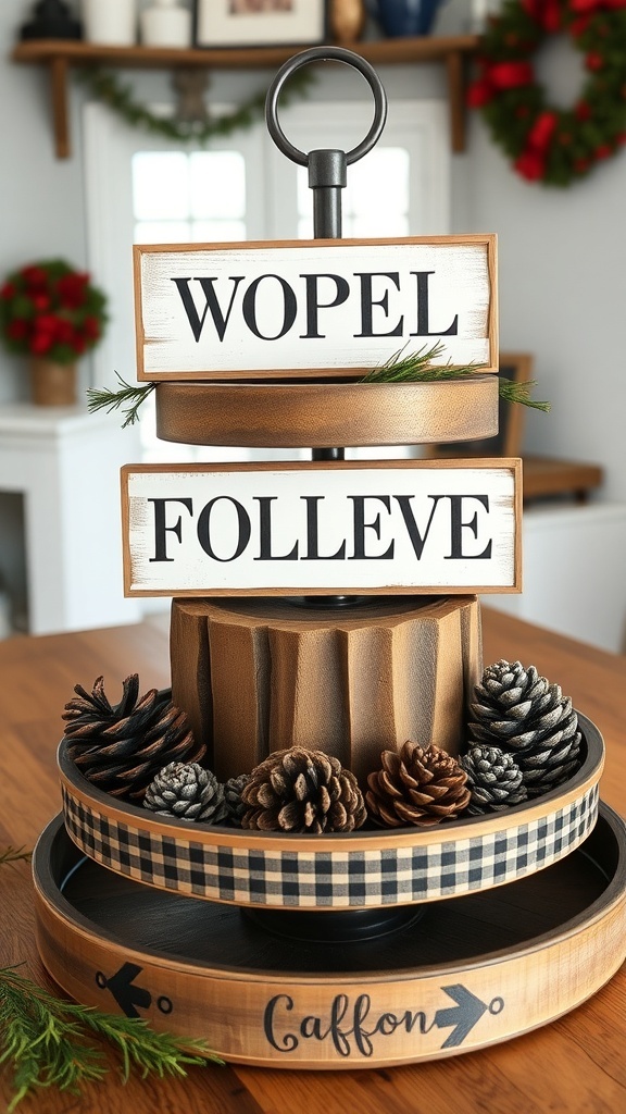 A rustic farmhouse style tiered tray decorated with wooden signs, pinecones, and buffalo plaid accents.